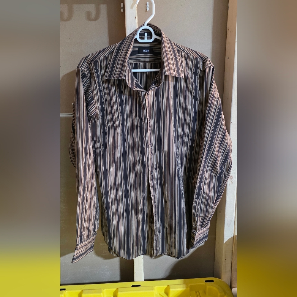 Boss Men's Striped Shirt - Black and Tan Neck 16, 34/35